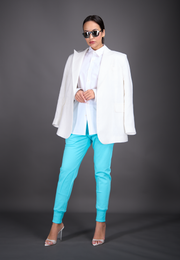 Model wearing linen jacket, pants, and shirt, front view – East Vibe